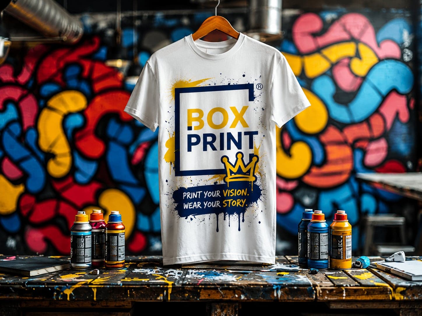 تيشيرت أبيض مطبوع بشعار بوكس برنت وعبارة Print your vision أمام جدار جرافيتي